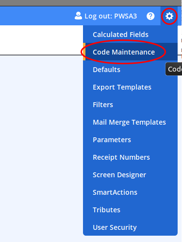 Screenshot of DonorPerfect settings menu