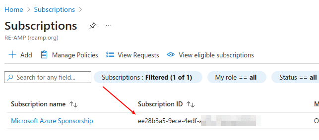 Azure portal Subscriptions screen, a red arrow points to the Subscription ID